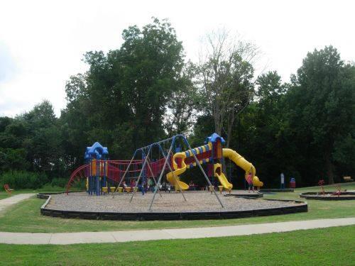 Blue, Red and yellow playground equipment